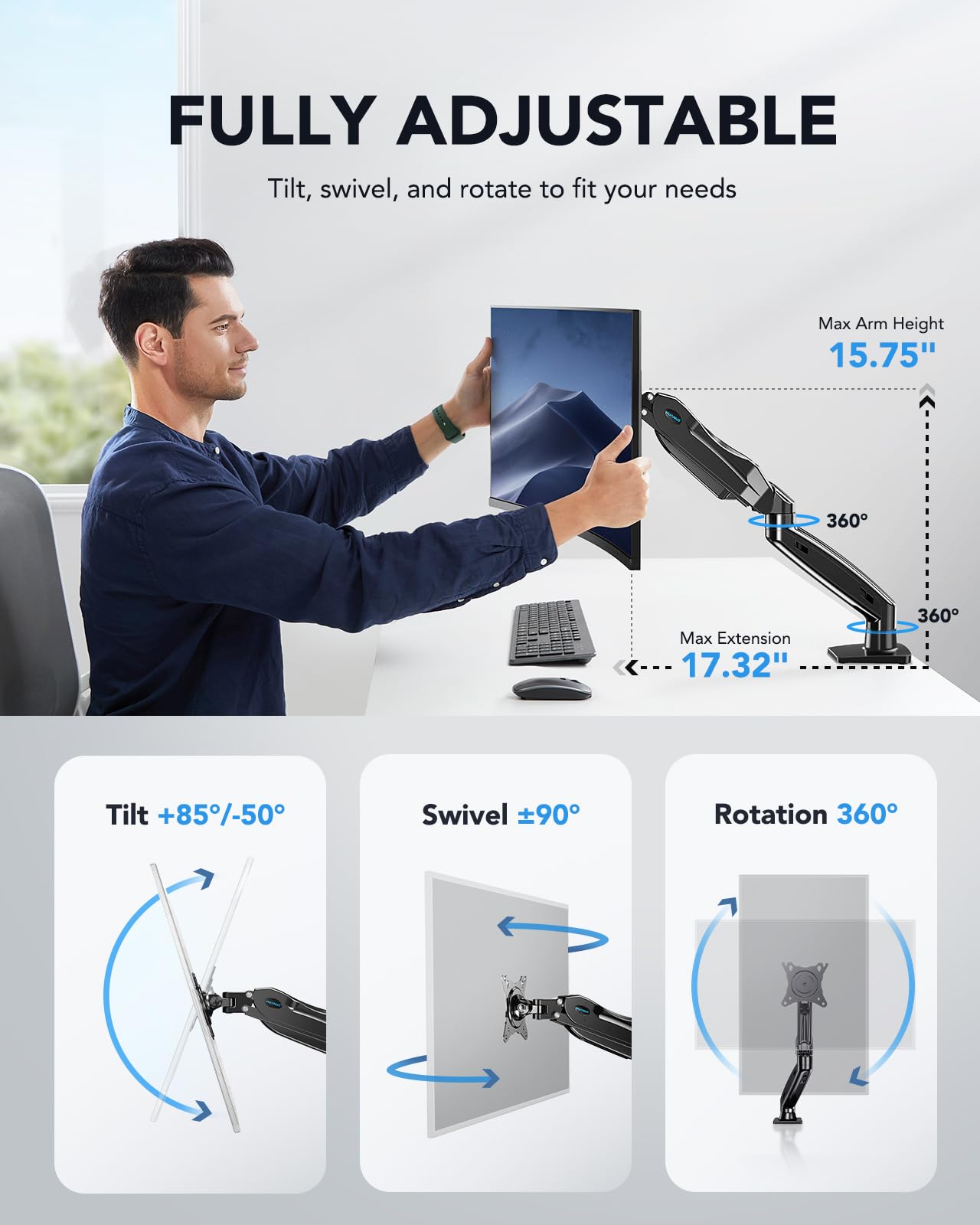 FlowLift™ Single Monitor Mount, 13 to 32 Inch Monitor Arm, Adjustable Monitor Stand, Vesa Mount with Clamp and Grommet Base - Fits 4.4 to 19.8lbs LCD Computer Monitors