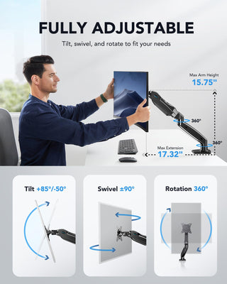 FlowLift™ Single Monitor Mount, 13 to 32 Inch Monitor Arm, Adjustable Monitor Stand, Vesa Mount with Clamp and Grommet Base - Fits 4.4 to 19.8lbs LCD Computer Monitors