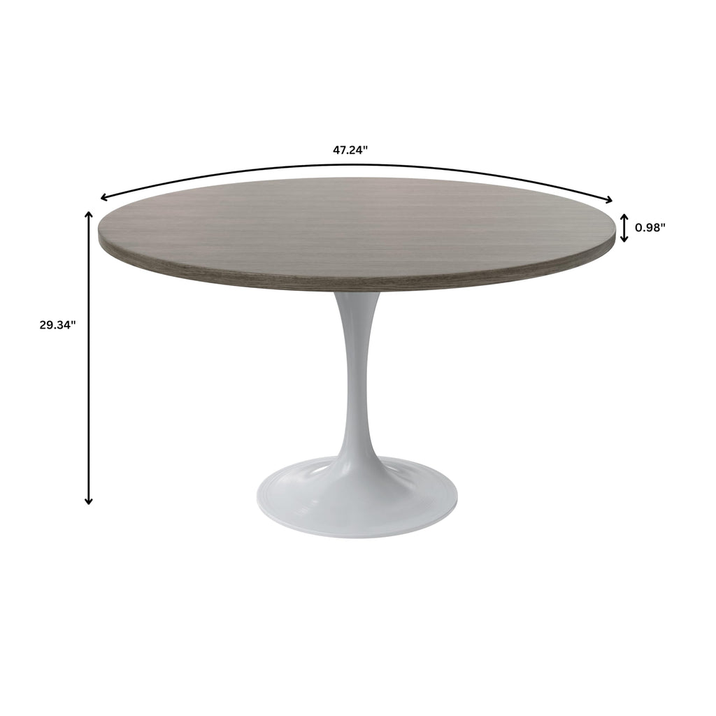 Mid-Century Modern 48 Inch Round Dining Table, MDF Wood Tabletop with White Steel Pedestal Base, Large Pedestal Kitchen & Dining Room Table, Breakfast Nook Table (Dark Maple)