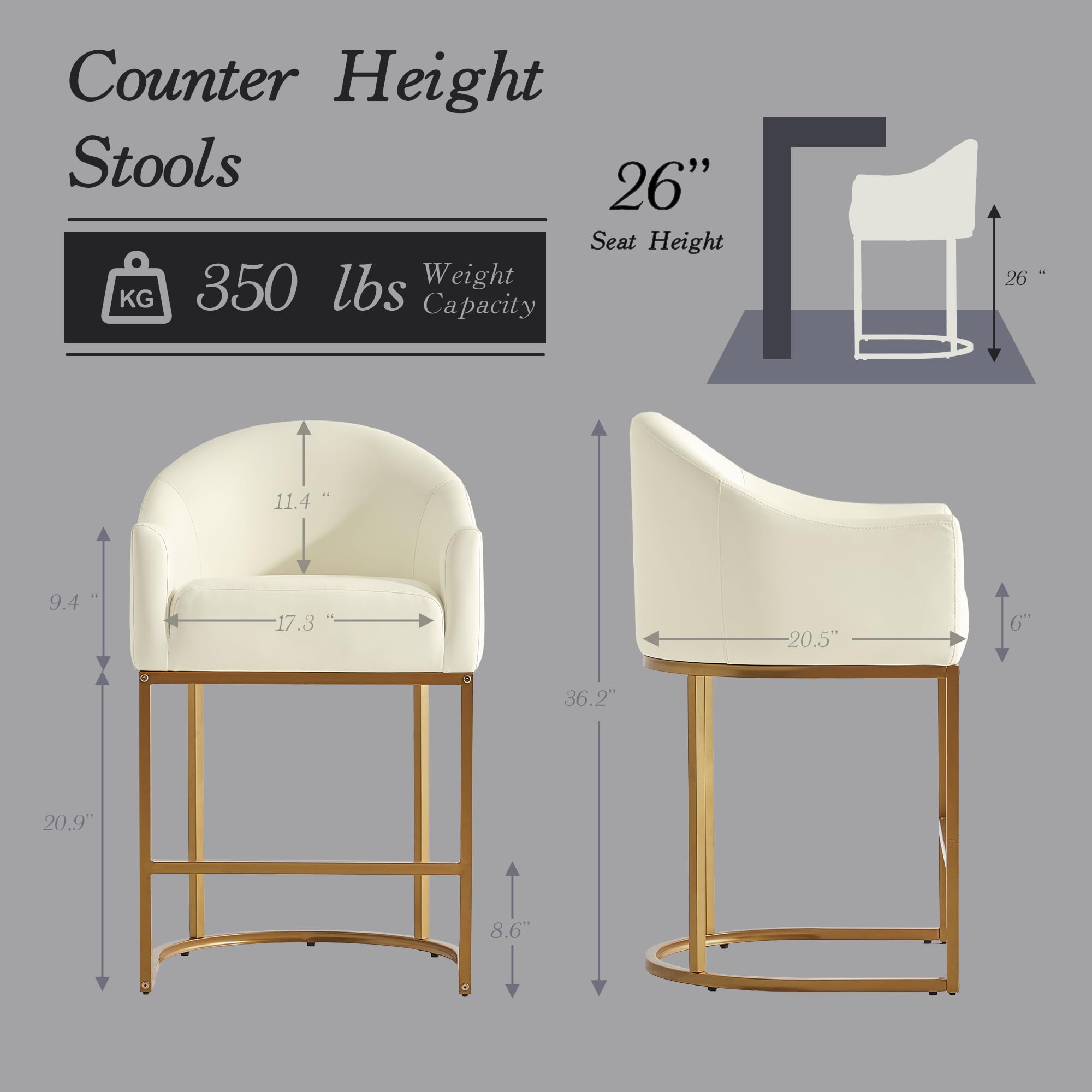Counter Height Bar Stools Set of 4,Modern Counter Height Bar Stools,PU Leather Upholstered Barrel Barstools with Backs,26'' Kitchen Island Chairs,Metal Gold Frames,Beige White Leather