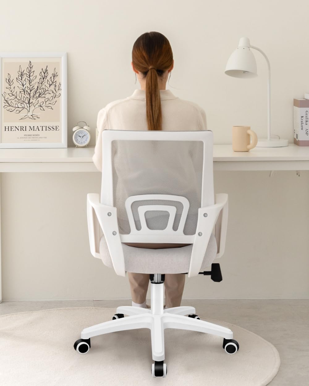 Office Desk Computer Chair Ergonomic Mesh Gaming Cushion Seat with Comfy Lumbar Mid Back Support Adjustable Height Swivel Rolling Wheels for Home Task (Ivory)
