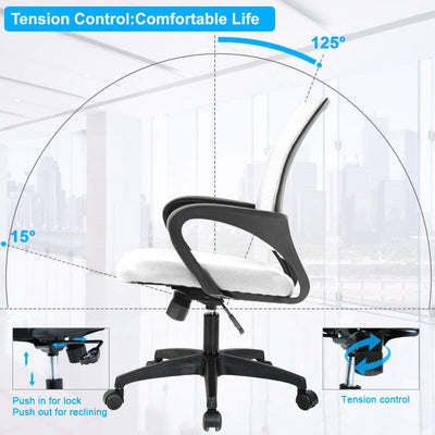 Ergonomic Office Chair | Mid-Back Swivel Desk Chair | Breathable Backrest & Lumbar Support | Adjustable Height | Sponge Seat | Rolling Wheels | White | for Adults & Women | Pack of 2