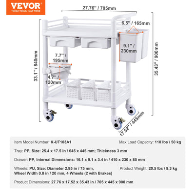 Medical Mobile Trolley Cart with 2 Drawers & 3 Trash Cans, 2 Tiers Beauty Salon Rolling Trolley with 4 Silent Wheels & 2 Dirts Bucket & Bowl, Medical Utility Cart for Hospital Dental Clinic Lab
