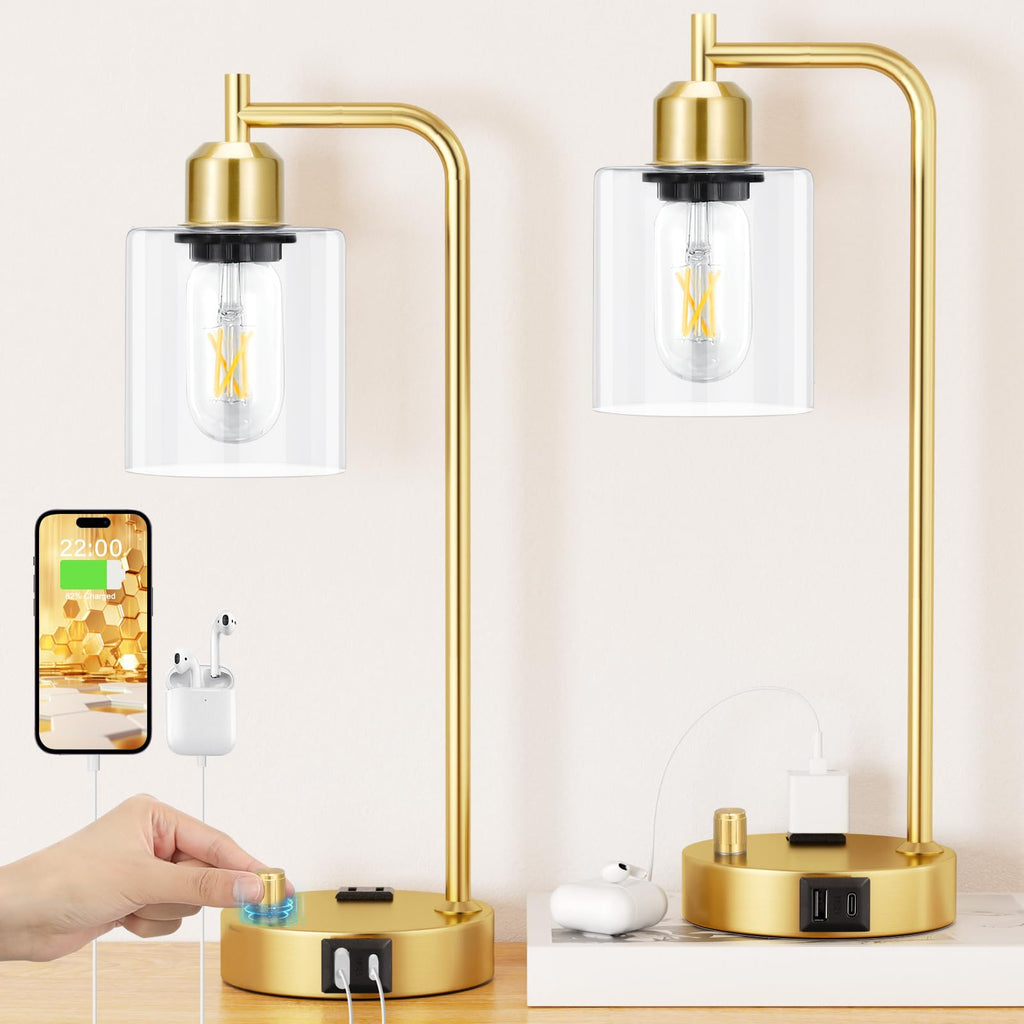 Industrial Table Lamp for Bedroom Set of 2 - Fully Dimmable Bedside Lamps with USB Ports and Outlet, Gold Nightstand Lamps with Clear Glass Shade for Living Room, Desk Lamps for Office Reading