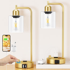 Industrial Table Lamp for Bedroom Set of 2 - Fully Dimmable Bedside Lamps with USB Ports and Outlet, Gold Nightstand Lamps with Clear Glass Shade for Living Room, Desk Lamps for Office Reading