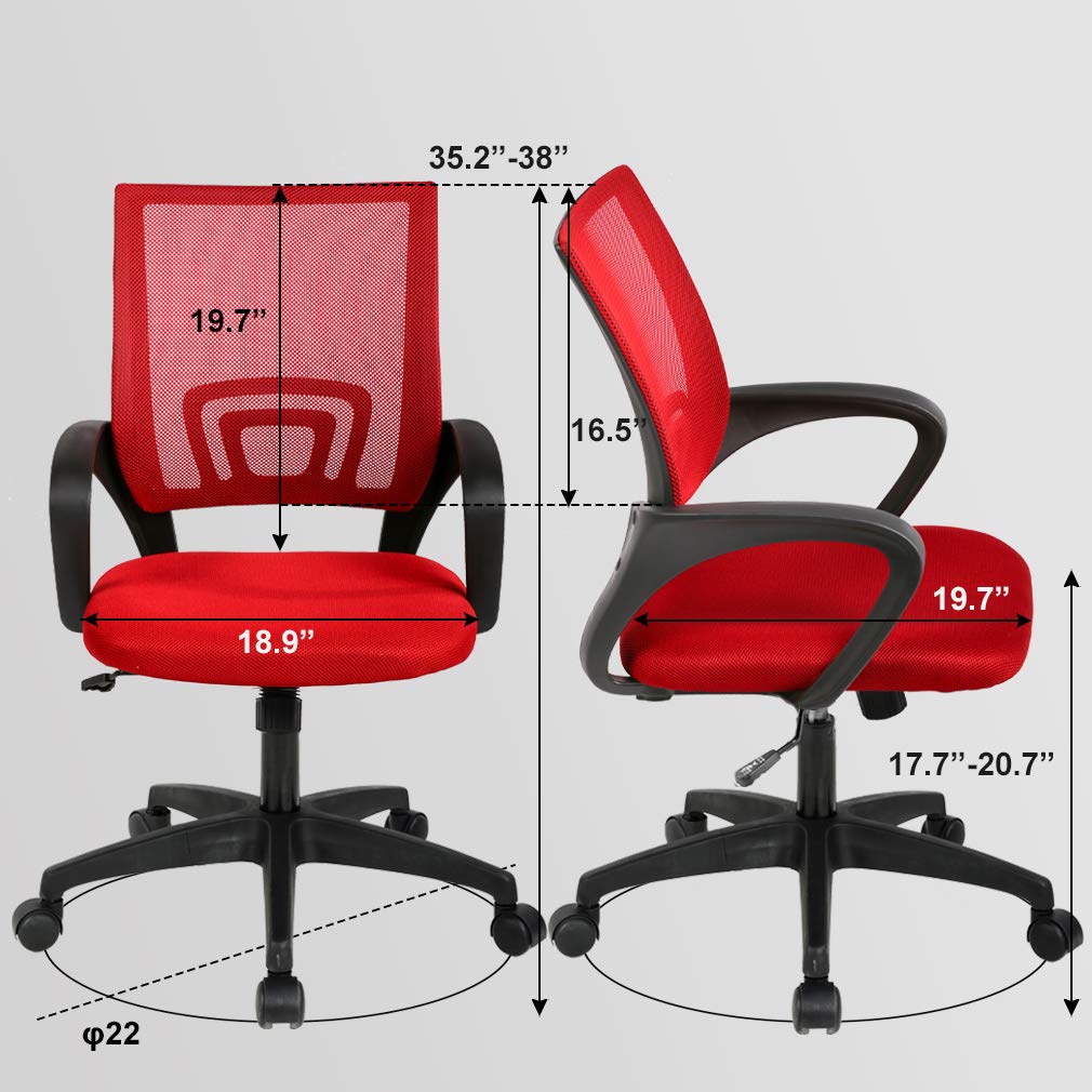 Ergonomic Office Chair | Mid-Back Swivel Desk Chair | Breathable Backrest & Lumbar Support | Adjustable Height | Sponge Seat | Rolling Wheels | Red | for Adults & Women