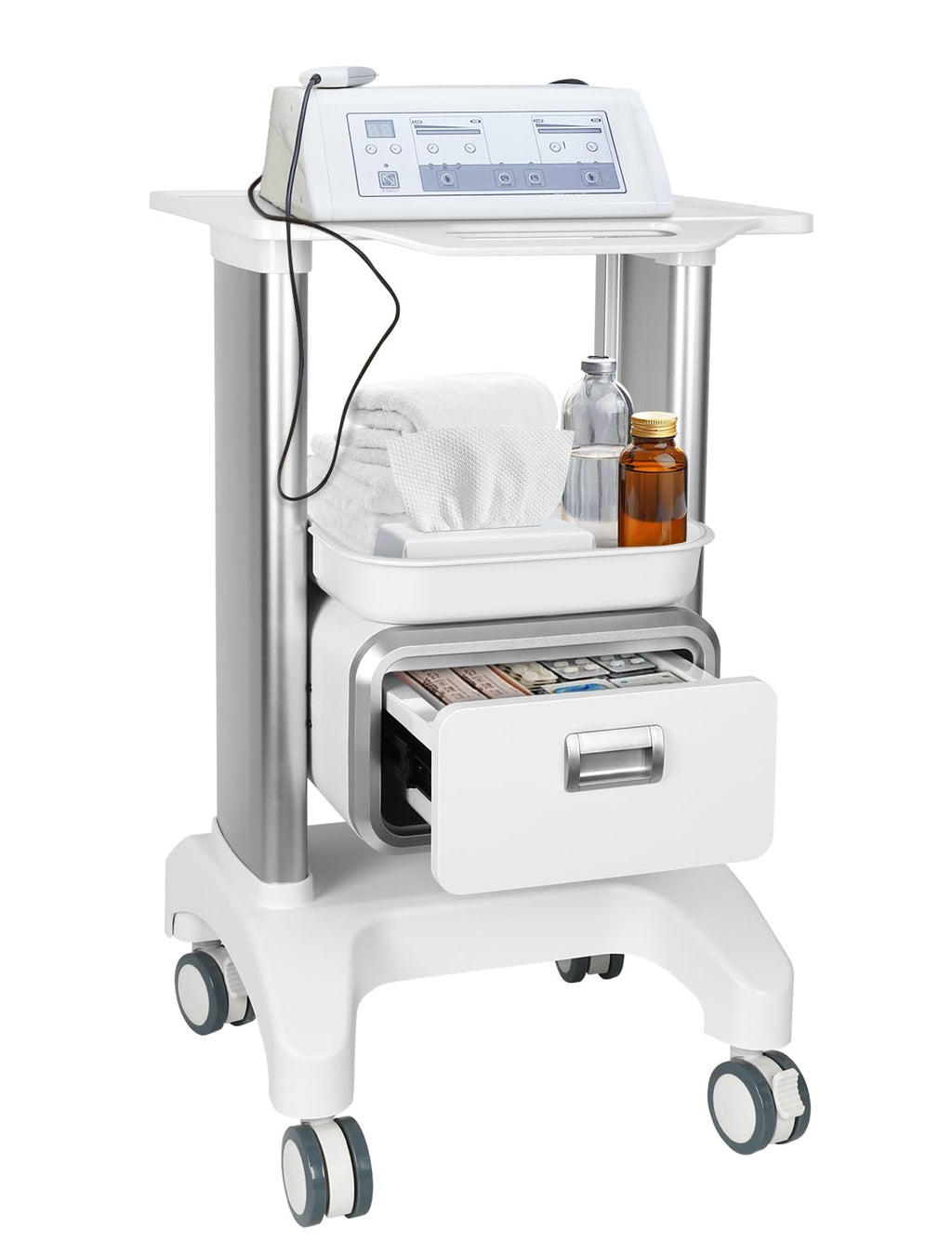 Medical Trolley Cart Mobile Ultrasound Cart 130 LBS Load Professional Portable Storage Drawer with 4 Silent Wheels Tray for Hospital Dental Clinic Beauty Salon Office Bedroom