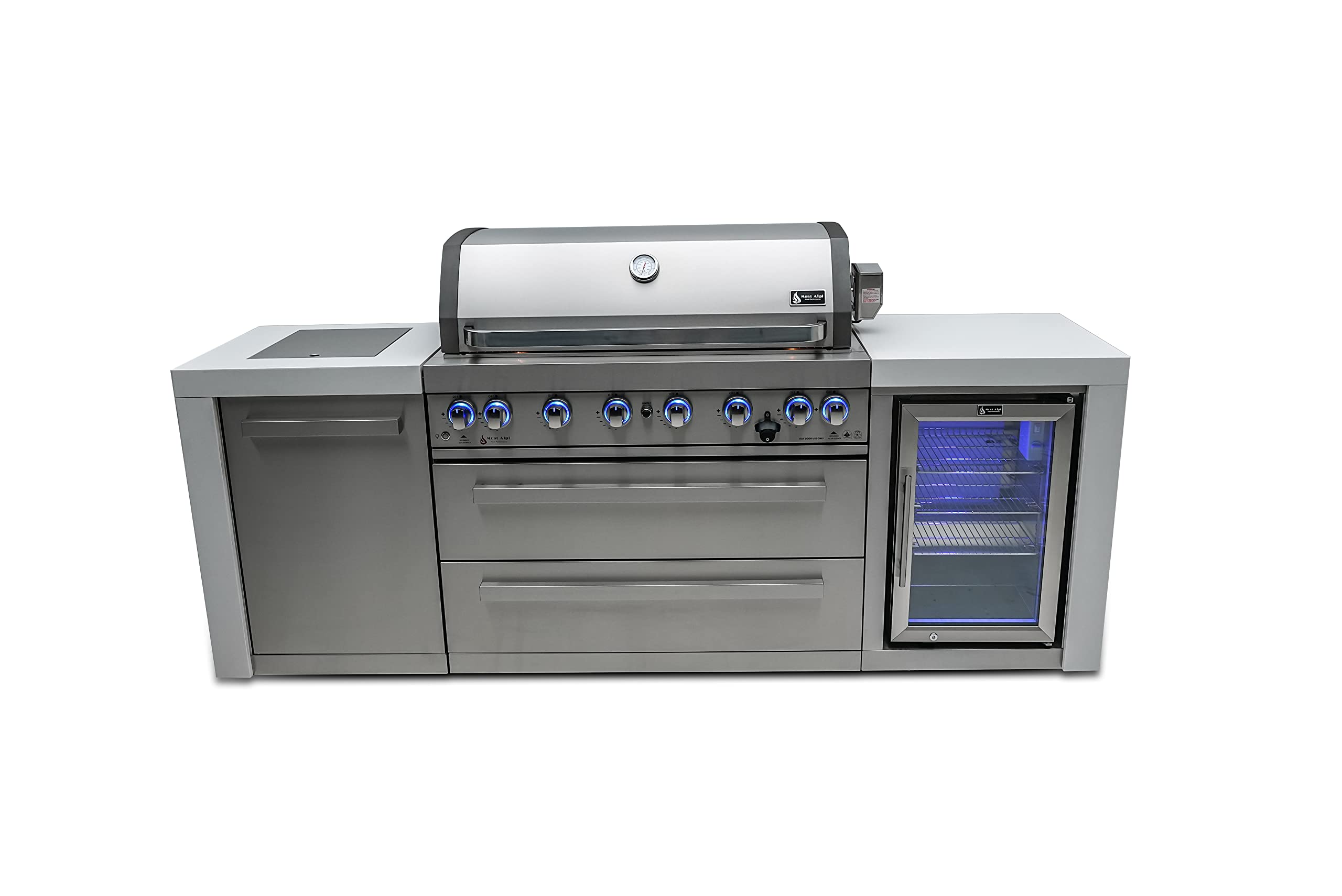 805 MAi805-DFC 115000 BTU Stainless Steel Deluxe Modular Outdoor Kitchen Island BBQ Grill with Fridge Cabinet + Infrared Rear & Side Burner + Granite Countertops + Rotisserie Kit & Cover