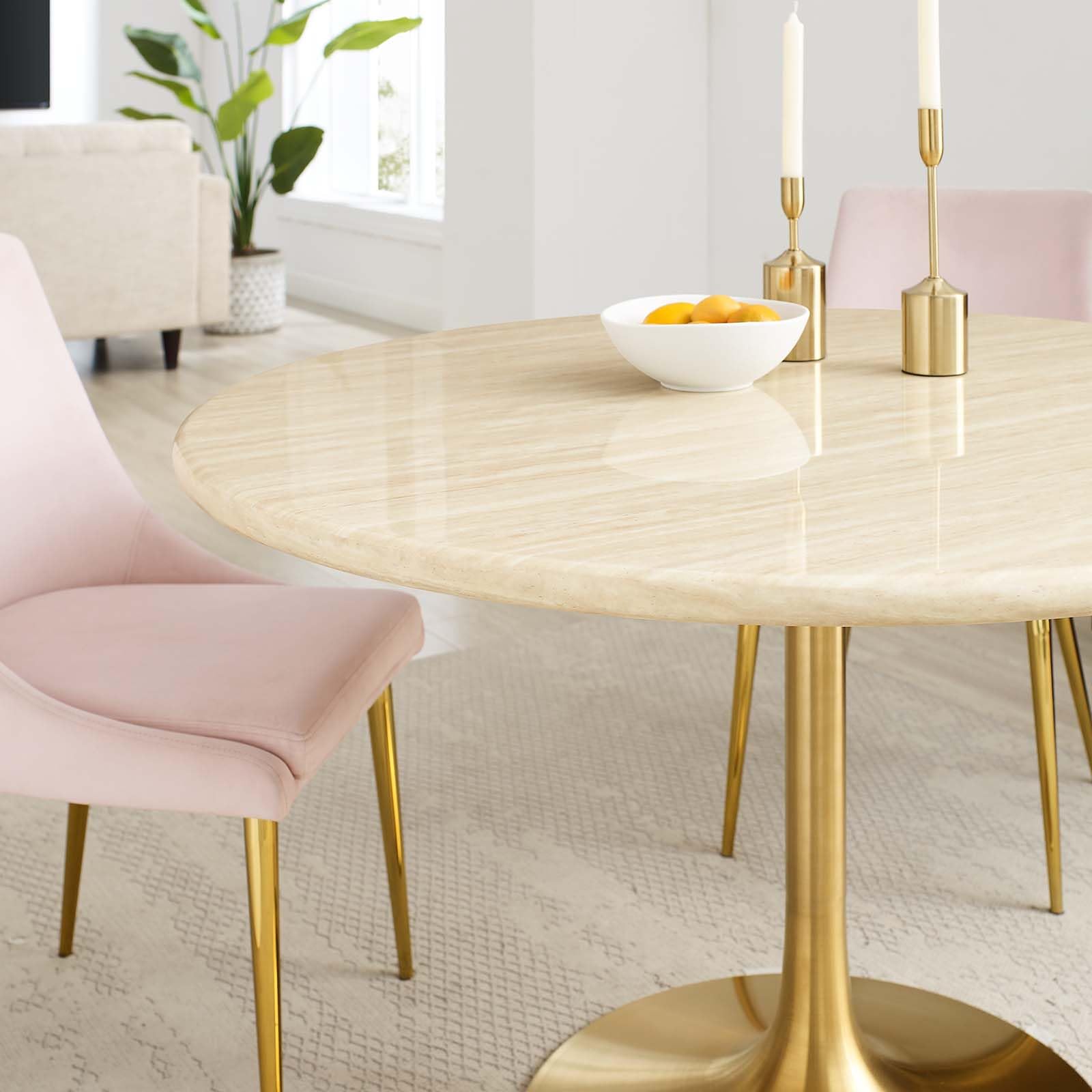 48" Round Artificial Dining Table with Tapered, Metal Base, Gold Travertine