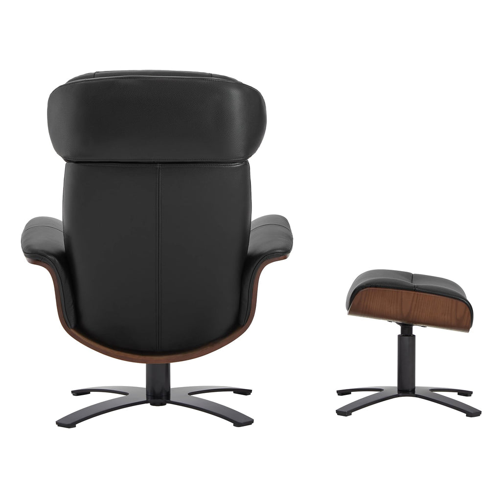 Genuine Leather Reclining Swivel Chair with Adjustable Headrest and Ottoman for Living Room, Black