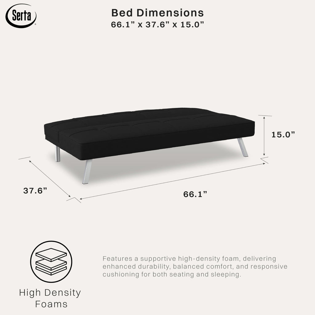Futon Sofa Bed 66.1", 3-in-1 Convertible Couch Sleeper for Small Spaces, Tufted Back, Twin Size Guest Bed, Black Woven Fabric