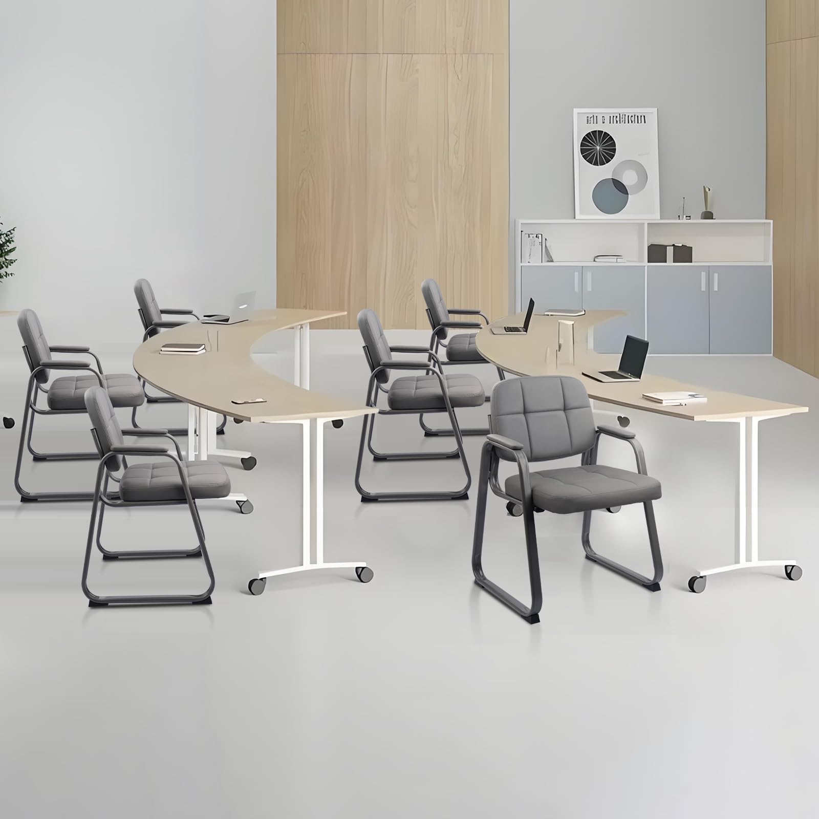4 Pack, Waiting Room Guest Chair with Bonded Leather Padded Arm Rest for Office Reception and Conference Desk Black with Sled Base Grey