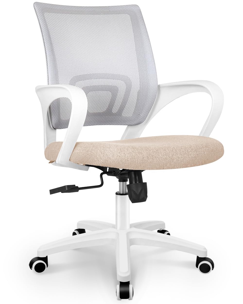 Office Desk Computer Chair Ergonomic Mesh Gaming Cushion Seat with Comfy Lumbar Mid Back Support Adjustable Height Swivel Rolling Wheels for Home Task (Beige)