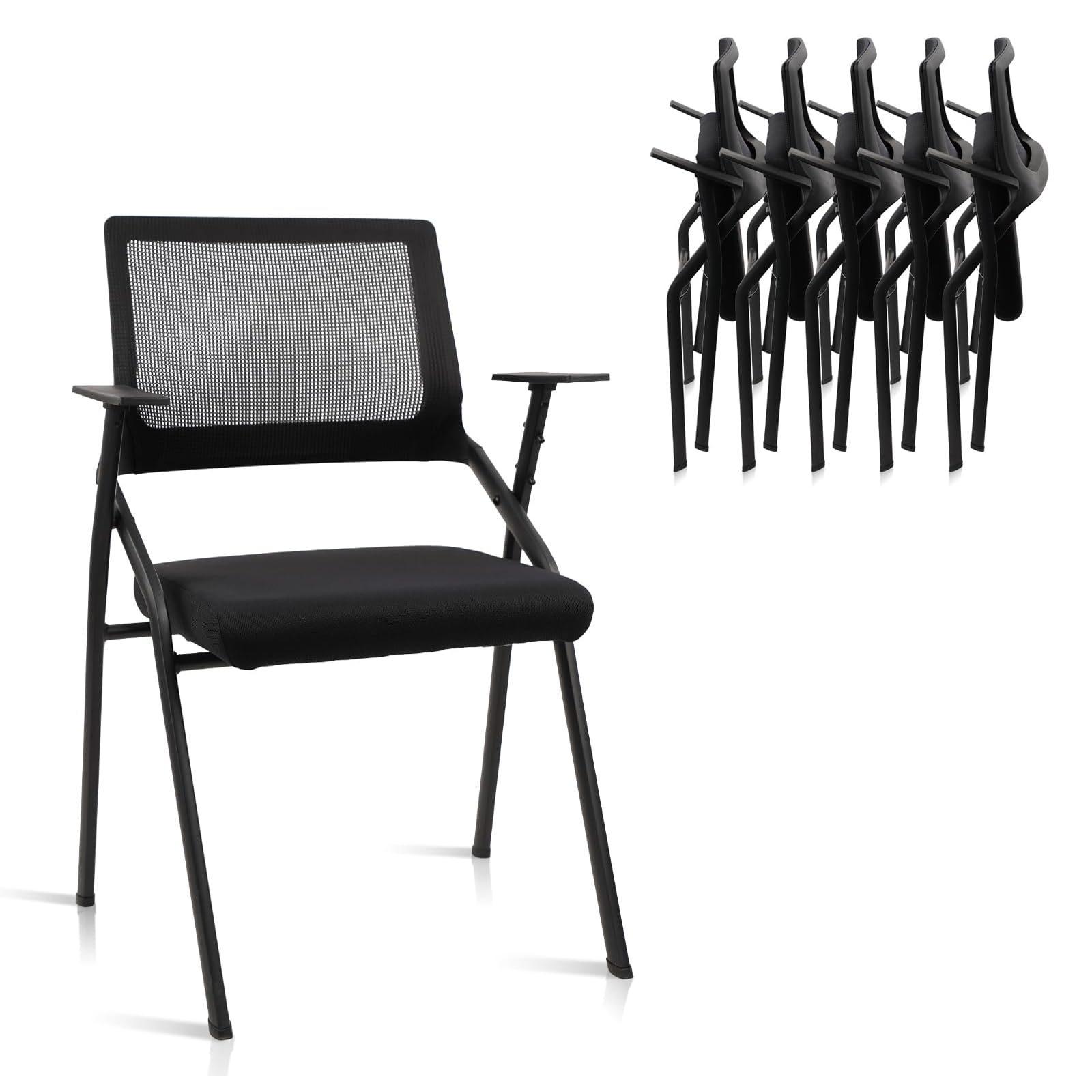 Black (6pk), Stackable & Foldable Office Chairs with Ergonomic Lumbar Support and Thickened Seat Cushion, Folding Mesh Fabric Reception Guest Chair for School Church Lobby Conference Room