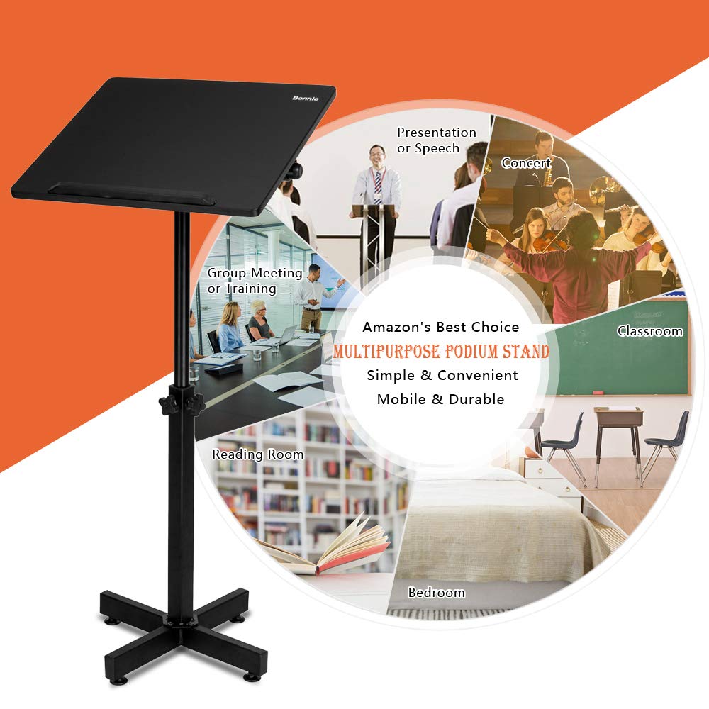 Classic Lectern Podium Stand, Height Adjustable Mobile Podium, Multi-Purpose Tabletop for Speech, Lecture, Church, Reading or Laptop Desk with Edge Stopper, Black