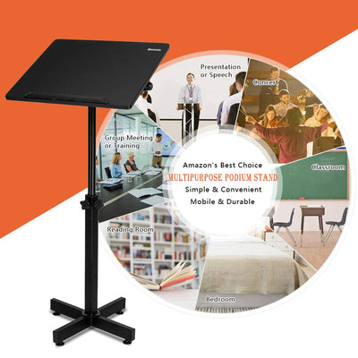Classic Lectern Podium Stand, Height Adjustable Mobile Podium, Multi-Purpose Tabletop for Speech, Lecture, Church, Reading or Laptop Desk with Edge Stopper, Black