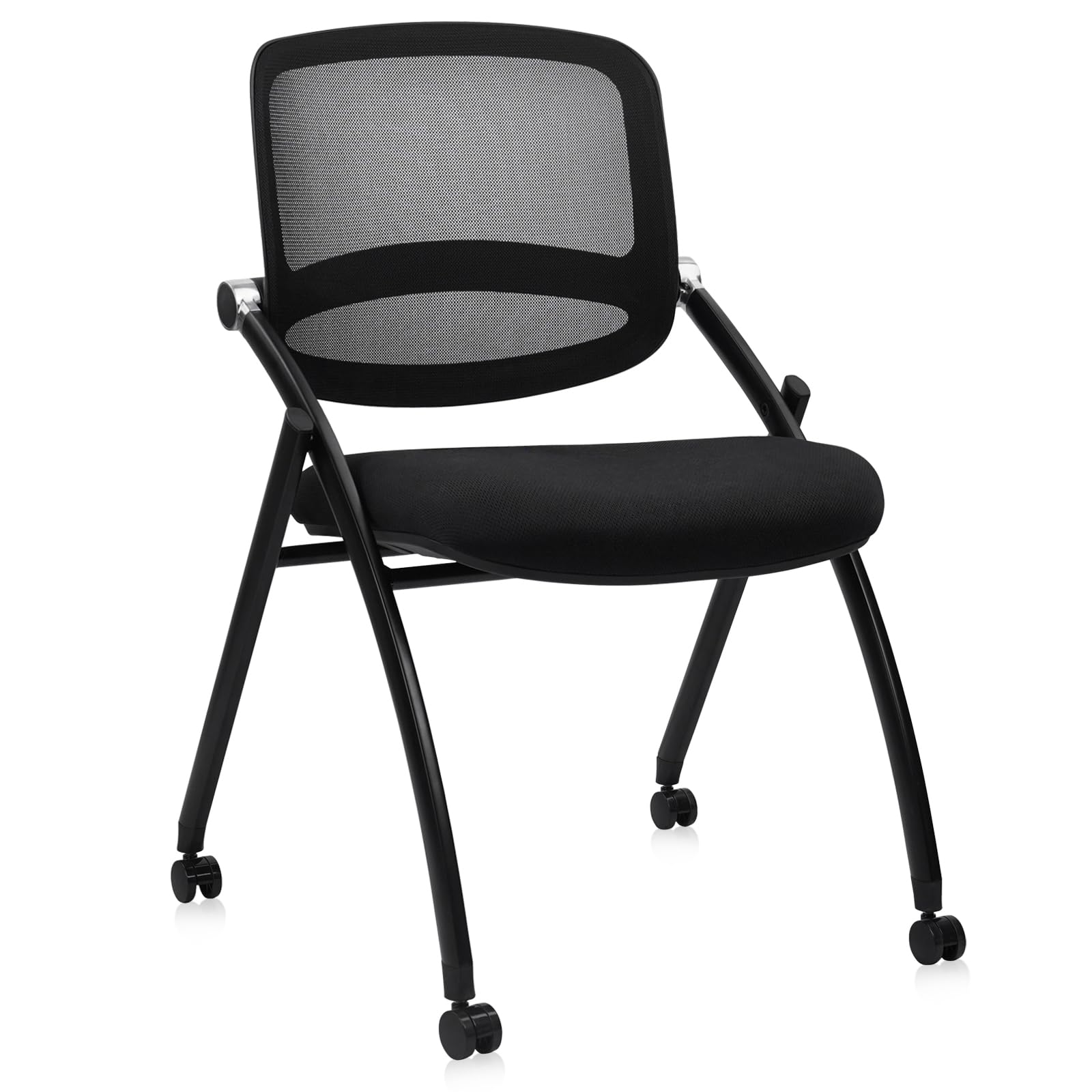 Stackable & Foldable Chairs with Wheels, Reception Guest Chairs with Lumbar Support, Ergonomic Curved Mesh Back Folding Chair for Office Meeting Schools Training Conference Waiting Room, Black