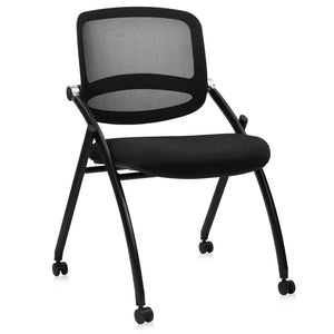 Stackable & Foldable Chairs with Wheels, Reception Guest Chairs with Lumbar Support, Ergonomic Curved Mesh Back Folding Chair for Office Meeting Schools Training Conference Waiting Room, Black