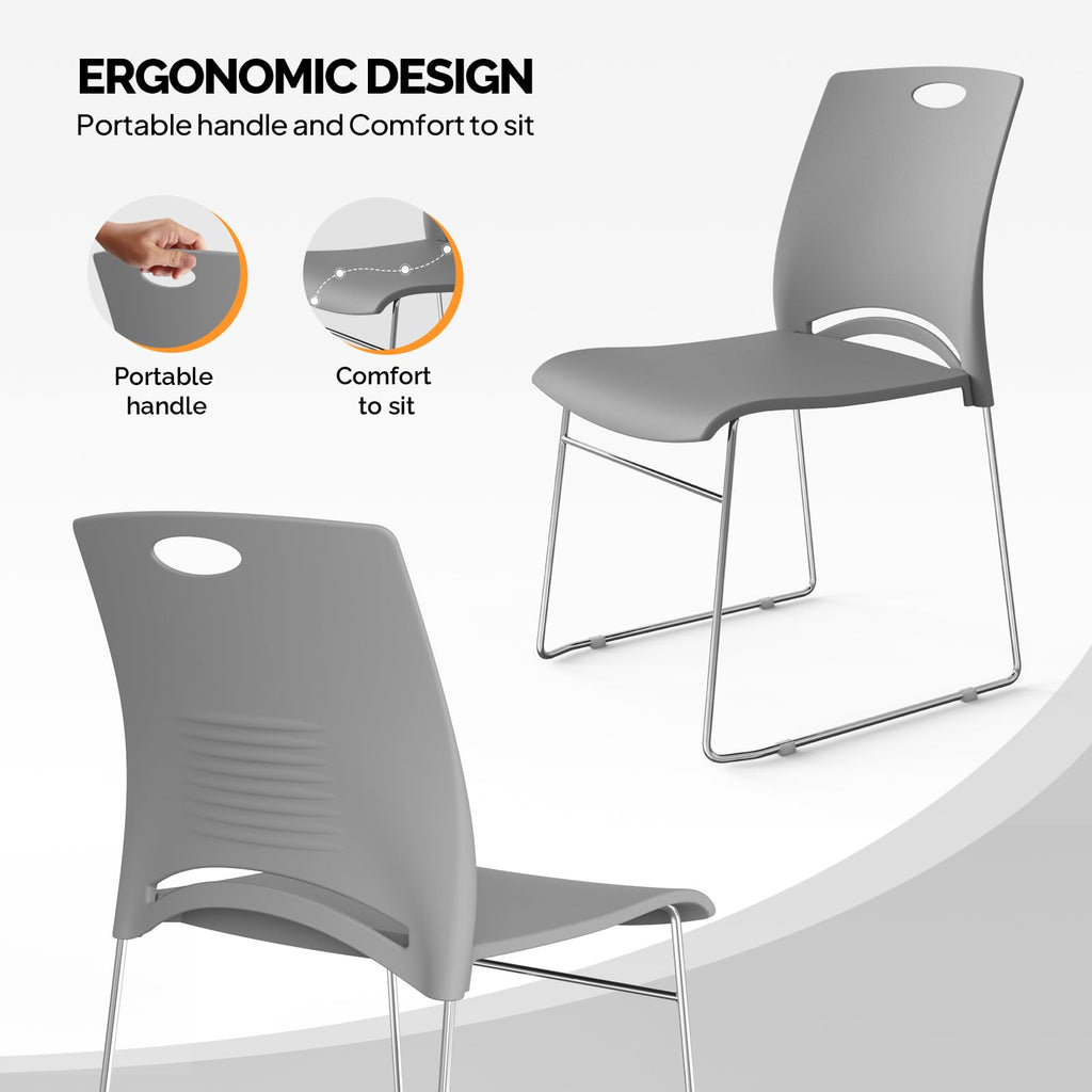 Stacking Chairs Set of 4 Stackable Office Chairs with Metal Sled Base, Ergonomic Plastic Seat, Stacking Chairs for Waiting Room Break Room Banquet Guest, Grey