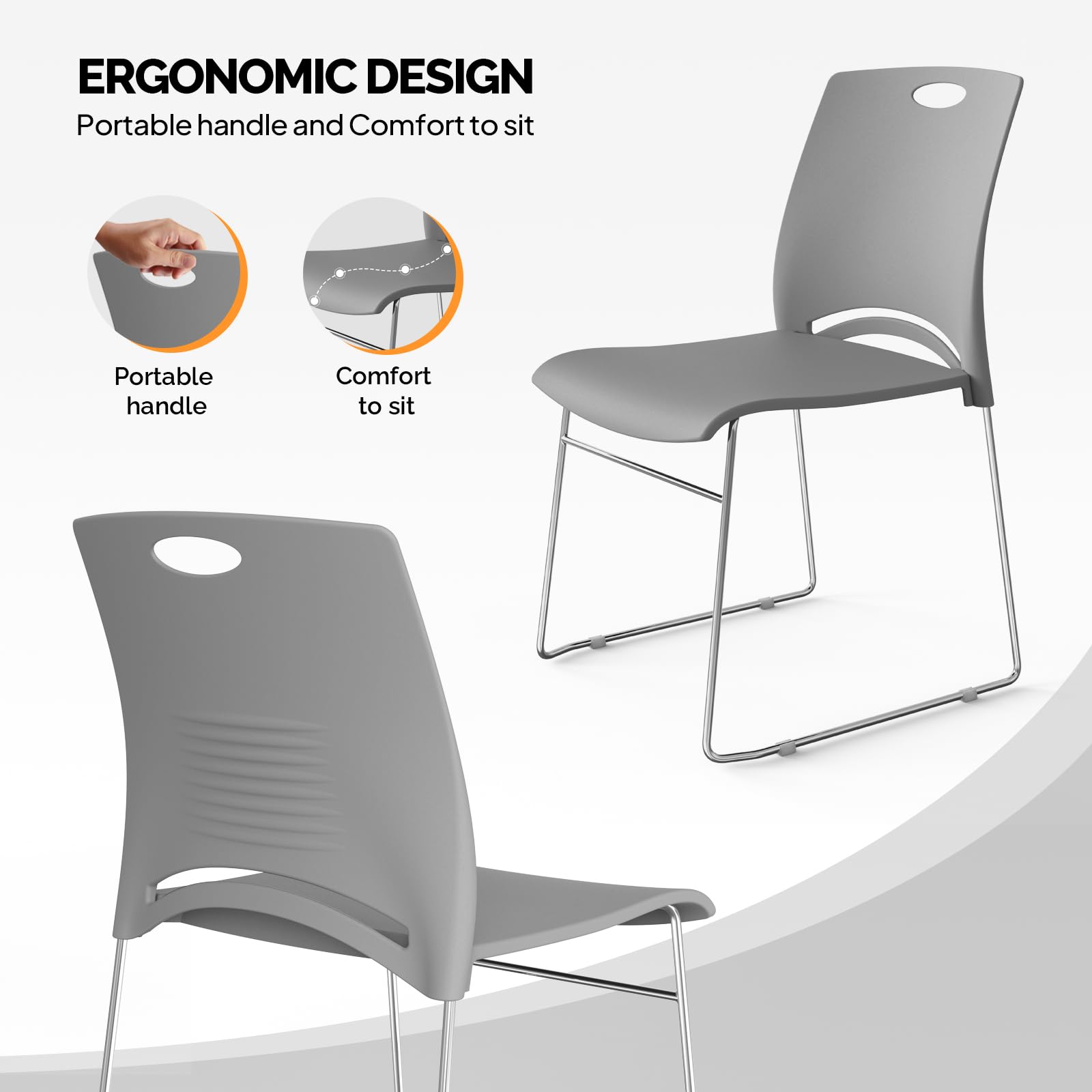 Stacking Chairs Set of 4 Stackable Office Chairs with Metal Sled Base, Ergonomic Plastic Seat, Stacking Chairs for Waiting Room Break Room Banquet Guest, Grey