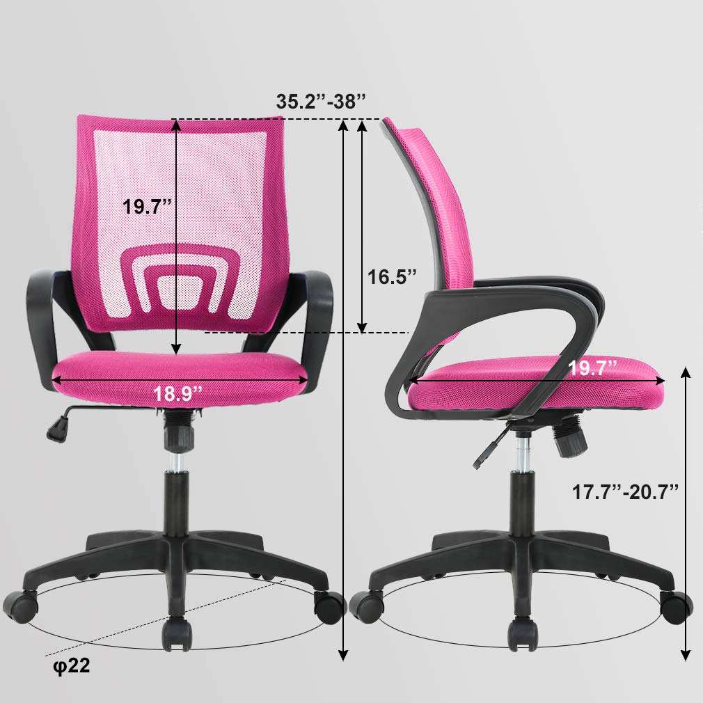 Ergonomic Office Chair | Mid-Back Swivel Desk Chair | Breathable Backrest & Lumbar Support | Adjustable Height | Sponge Seat | Rolling Wheels | Pink | for Adults & Women | Pack of 2