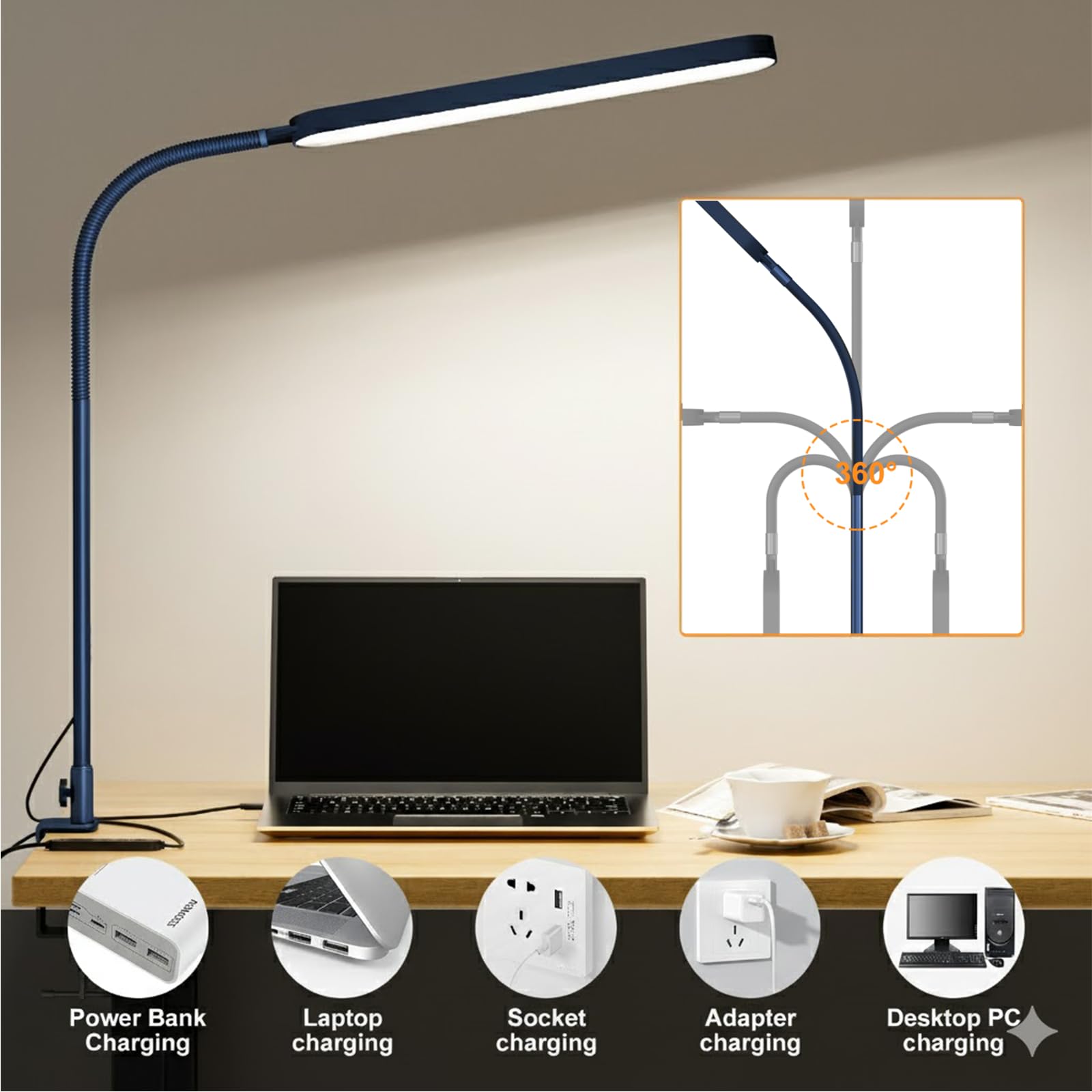 LED Desk Lamp - Desk Light for Home Office - Flexible Gooseneck - 5 Color Modes X 11 Brightness Levels - 1300LM - Timmer & Memory Function - 12W Clip on Light - Blue