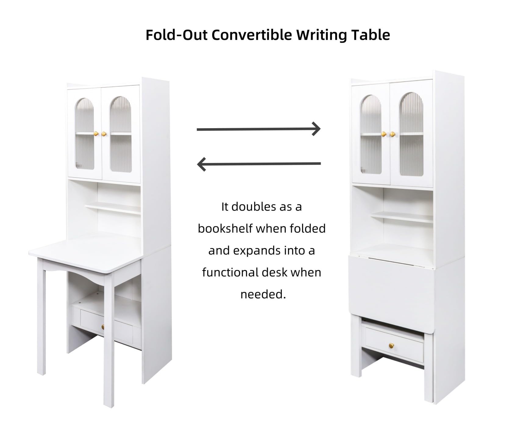 Fold-Out Home Office Desks Writing Table with Glass Doors, Drawers, Bookshelf & Storage Shelves, Modern Wooden Convertible Workstation for Work, Study