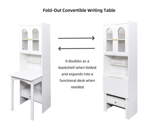 Fold-Out Home Office Desks Writing Table with Glass Doors, Drawers, Bookshelf & Storage Shelves, Modern Wooden Convertible Workstation for Work, Study