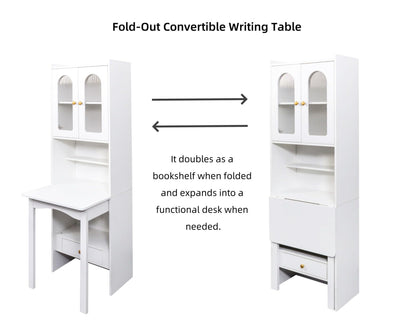 Fold-Out Home Office Desks Writing Table with Glass Doors, Drawers, Bookshelf & Storage Shelves, Modern Wooden Convertible Workstation for Work, Study