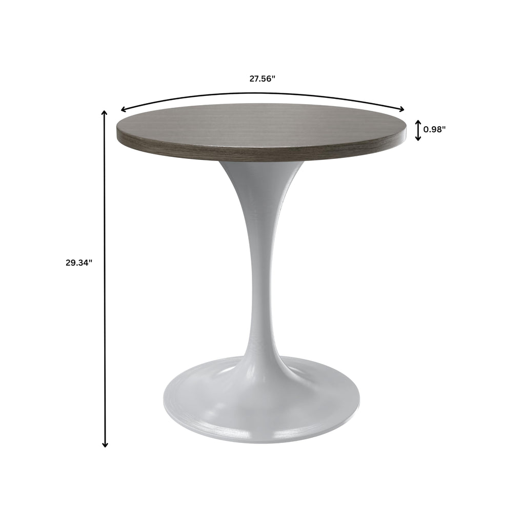 Mid-Century Modern 27 Inch Round Dining Table, MDF Wood Tabletop with White Steel Pedestal Base, Contemporary Kitchen & Dining Room Table, Small Space Breakfast Table, Dark Maple
