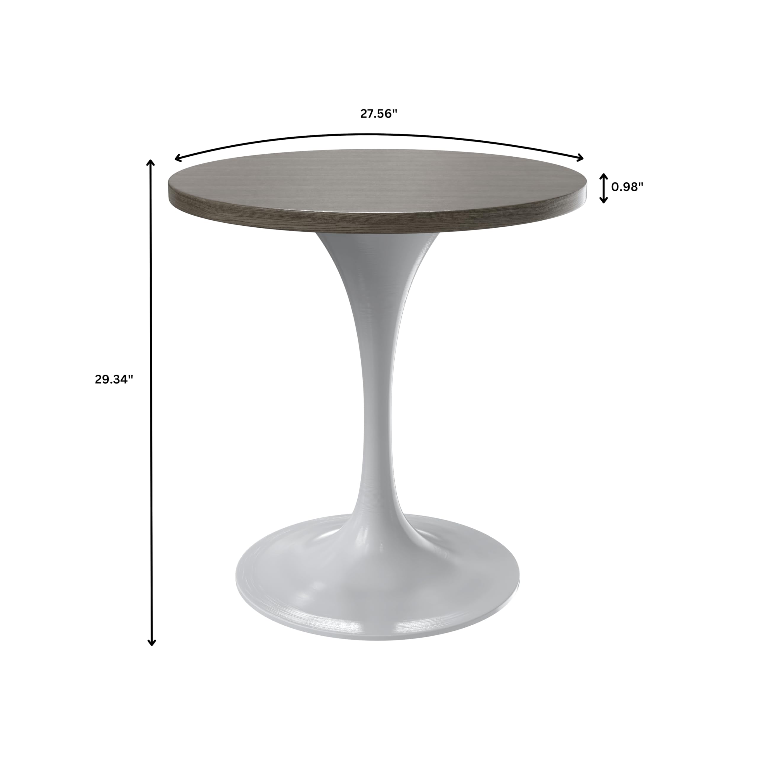 Mid-Century Modern 27 Inch Round Dining Table, MDF Wood Tabletop with White Steel Pedestal Base, Contemporary Kitchen & Dining Room Table, Small Space Breakfast Table, Dark Maple
