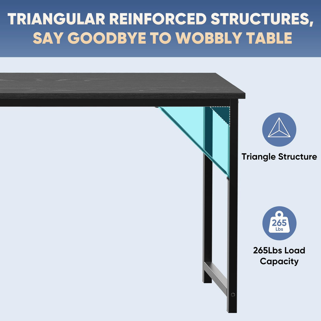 63 Inch Computer Desk Writing Gaming Study Work Large Desks for Bedroom Home Office with Metal Frame Simple Modern PC Compact Table Workstation, Wood Black