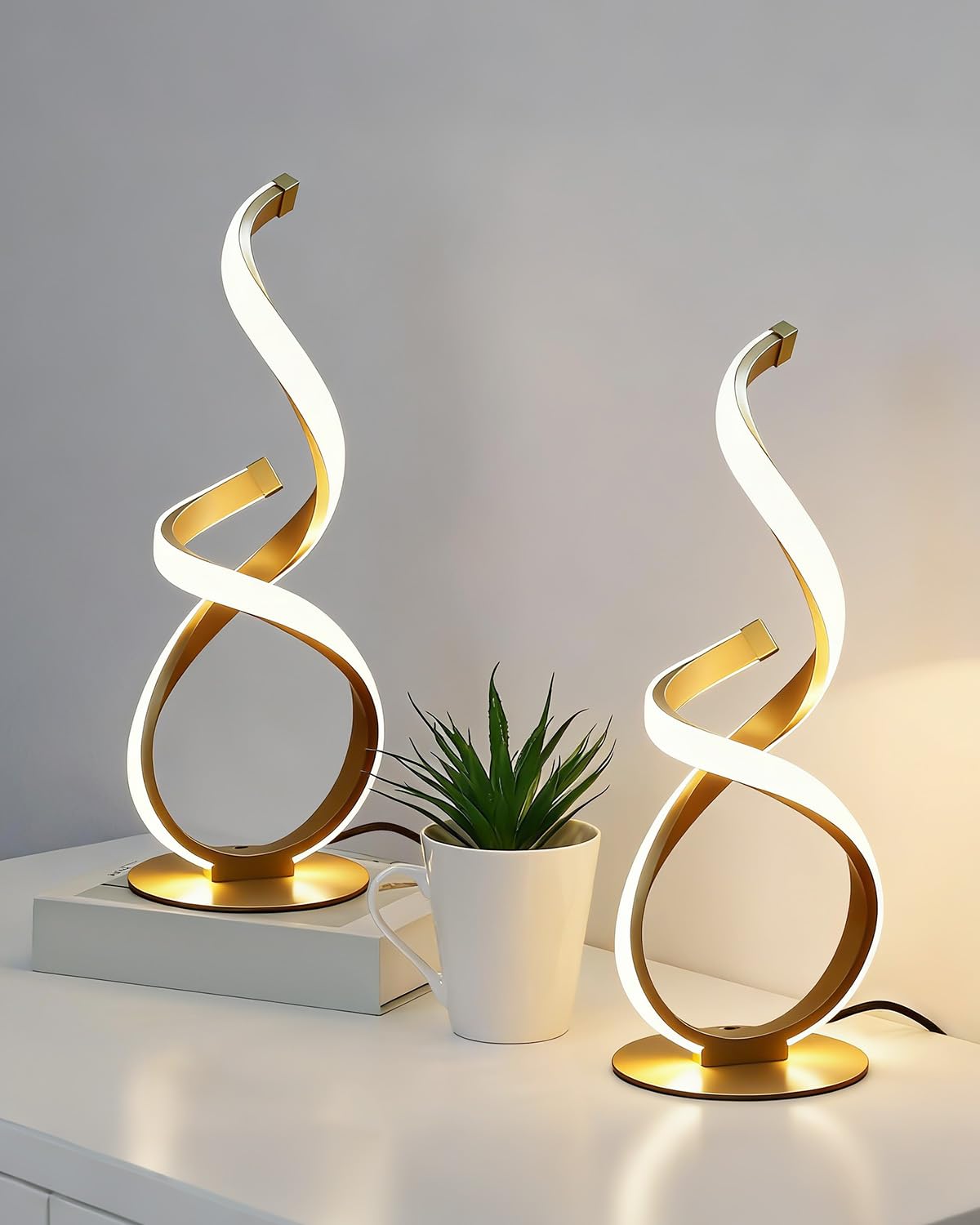 2 Pack Gold Cool Table Lamps, LED Spiral Desk Lights, Dimmable
