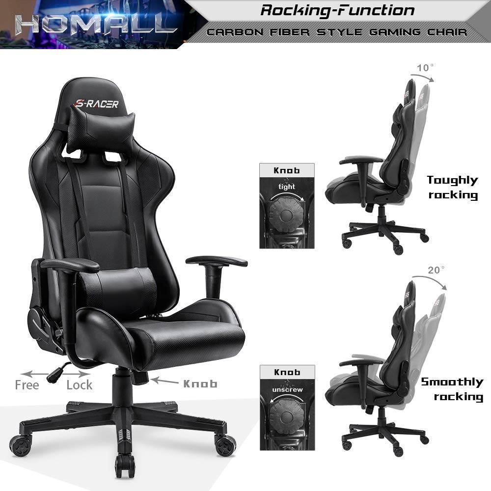 Gaming Chair, Office Chair High Back Computer Chair Leather Desk Chair Racing Executive Ergonomic Adjustable Swivel Task Chair with Headrest and Lumbar Support (Dark Black)