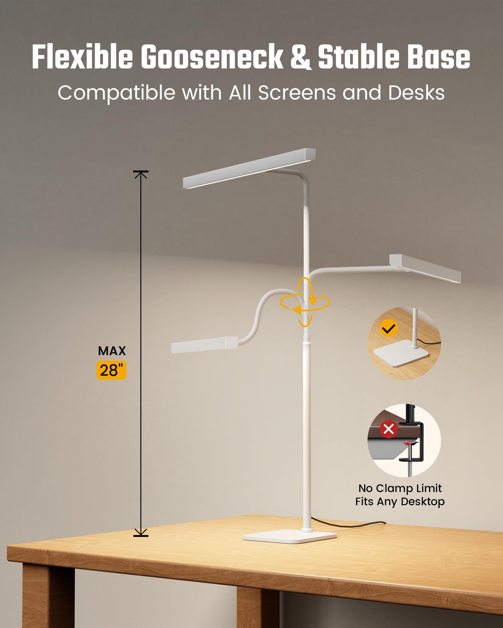 LED Desk Lamp for Home Office, Eye-Caring Desk Light with Base, 12W Touch Control 3 Colors Dimmable Brightness, Gooseneck Architect Lamp for Computer Monitor Reading Workbench, White