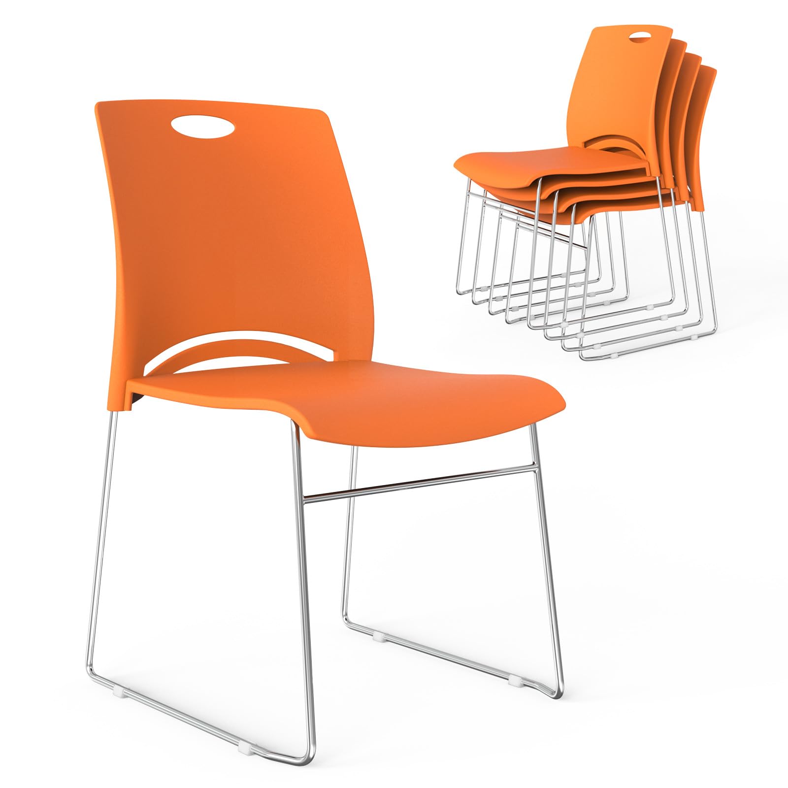 Stacking Chairs Set of 5 Stackable Office Chairs with Metal Sled Base, Ergonomic Plastic Seat, Stacking Chairs for Waiting Room Break Room Banquet Guest, Orange