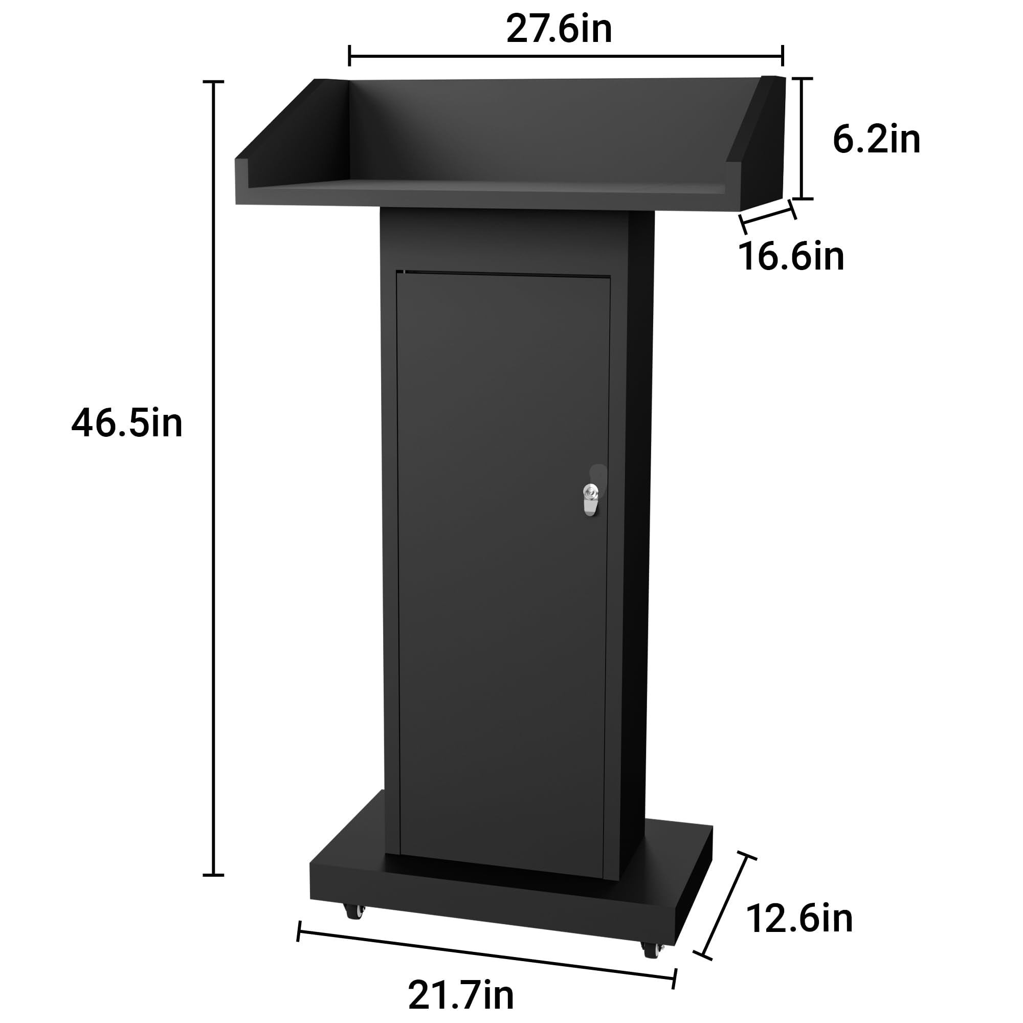 Podium Stand with 4 Lockable Wheels, Heavy-Duty Metal Lecterns & Podiums with Hidden Storage, 46.5”H Portable Pulpit for Church, School, Office and Conference, Black