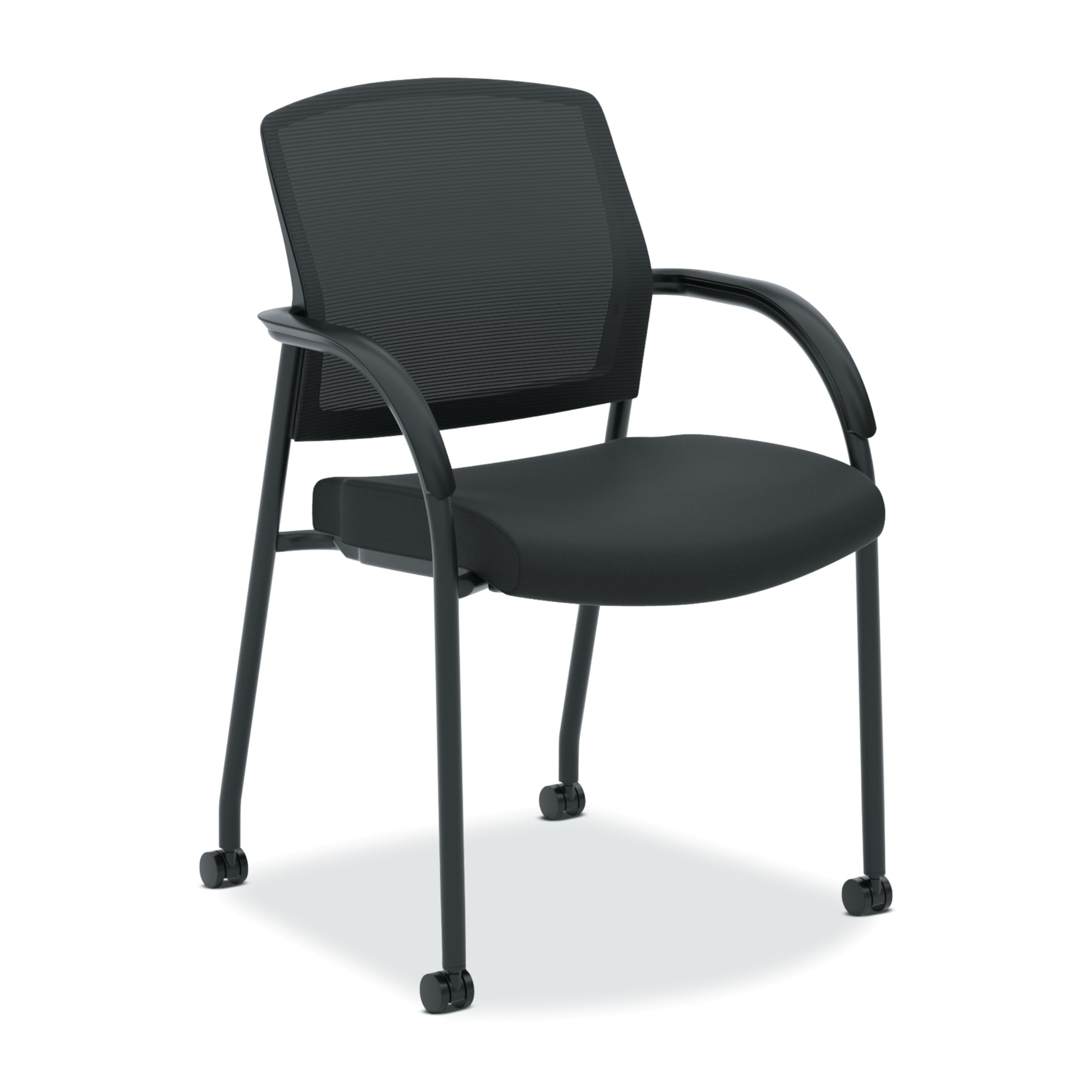 Mesh Office Chair with Arms and Casters, Guest and Conference Desk Chair for Reception Areas, Waiting Rooms, and Offices, Fabric Seat, Stackable Design, Black