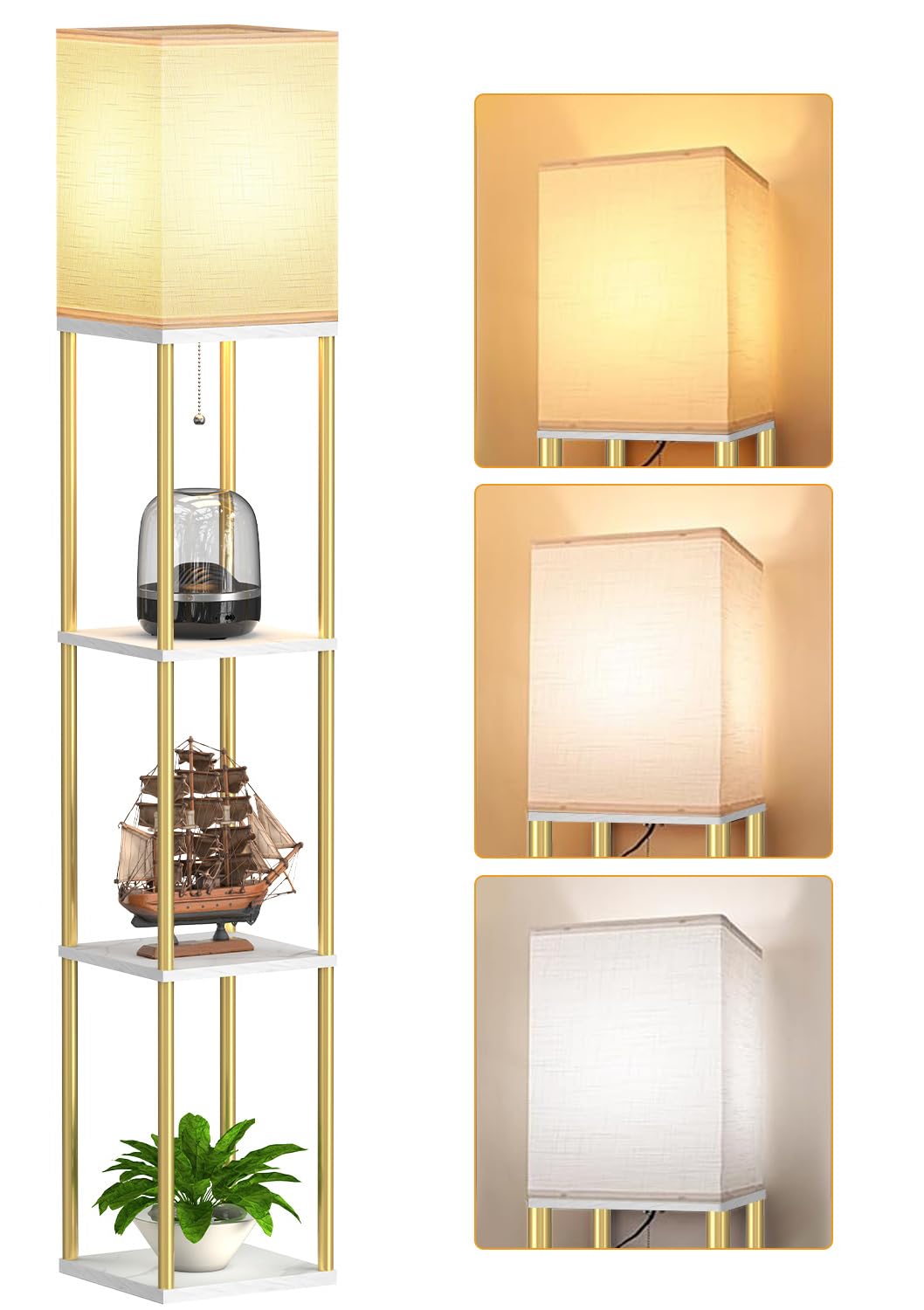 Floor Lamp with Shelves, Modern Corner Display Standing Column Shelf Lamp Etagere Organizer Tower Nightstand with White Linen Shade for Living Room, Bedroom and Office, Marble White and Gold Poles