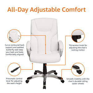 Executive High Back Office Desk Chair, Adjustable Height, Tilt, Swivel, 275lb Capacity, Bonded Leather, White/Pewter