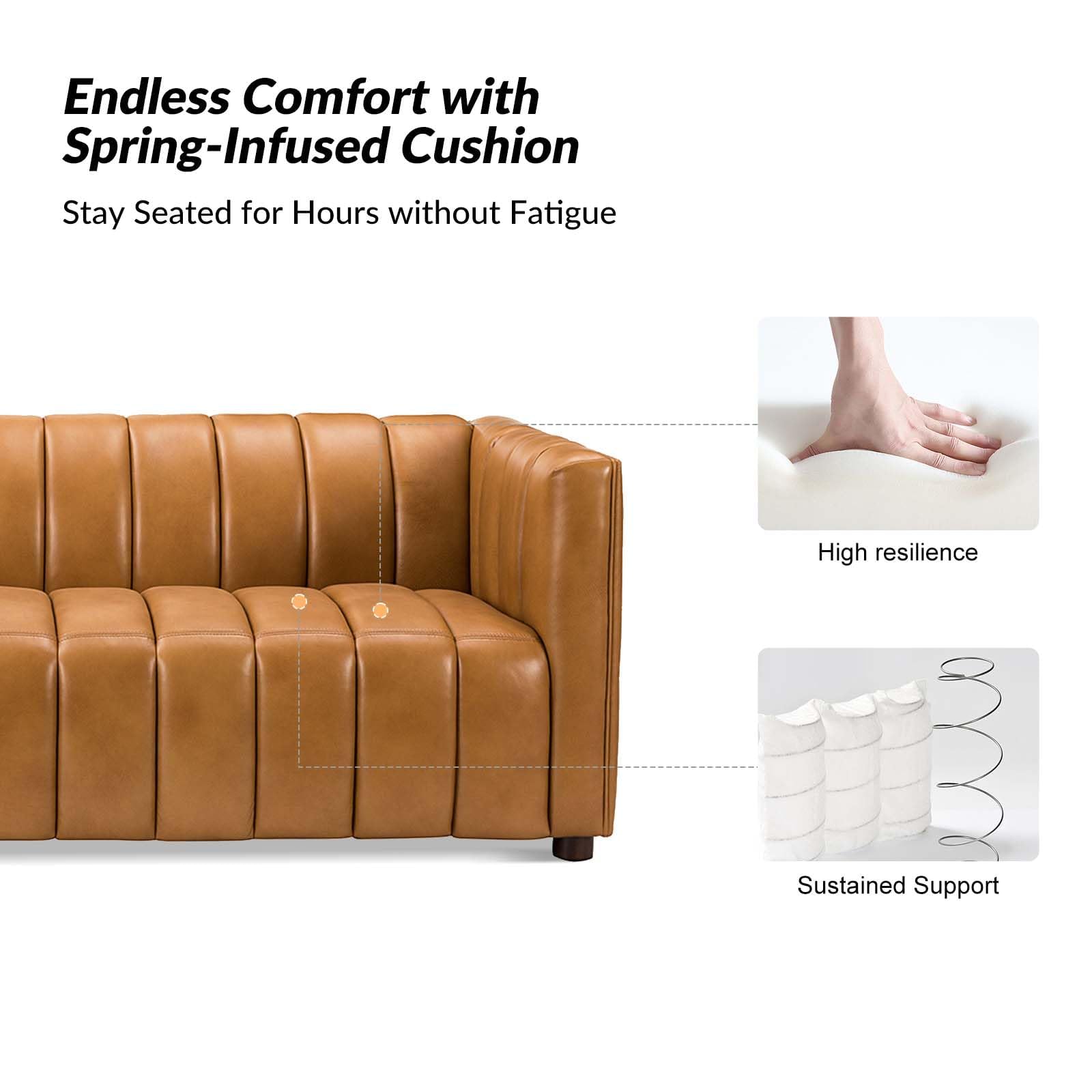 83" Genuine Leather Sofa with Channel Tufted Design, 3-Seater Sofa for Living Room Bedroom, Modern Oversized Couch with Wood Legs, Camel