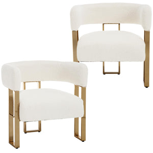 Modern Barrel Accent Chairs Set of 2, Boucle Fabric Living Room Chairs with Gold Metal Legs, Comfy Upholstered Single Sofa Armchair Side Chair for Lounge/Bedroom/Reading, White
