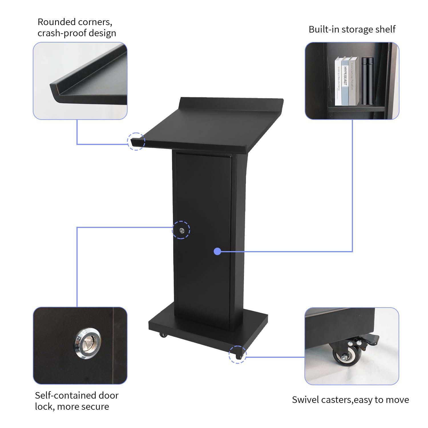 Podium Stand with 4 Locking Wheels, Lecterns & Podiums for Church School Office Conference Home, Heavy Duty Metal, Large Storage Area, Slant Desktop, 50.4" H
