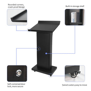 Podium Stand with 4 Locking Wheels, Lecterns & Podiums for Church School Office Conference Home, Heavy Duty Metal, Large Storage Area, Slant Desktop, 50.4