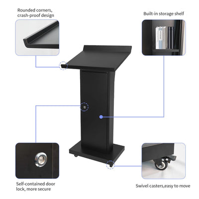 Podium Stand with 4 Locking Wheels, Lecterns & Podiums for Church School Office Conference Home, Heavy Duty Metal, Large Storage Area, Slant Desktop, 50.4