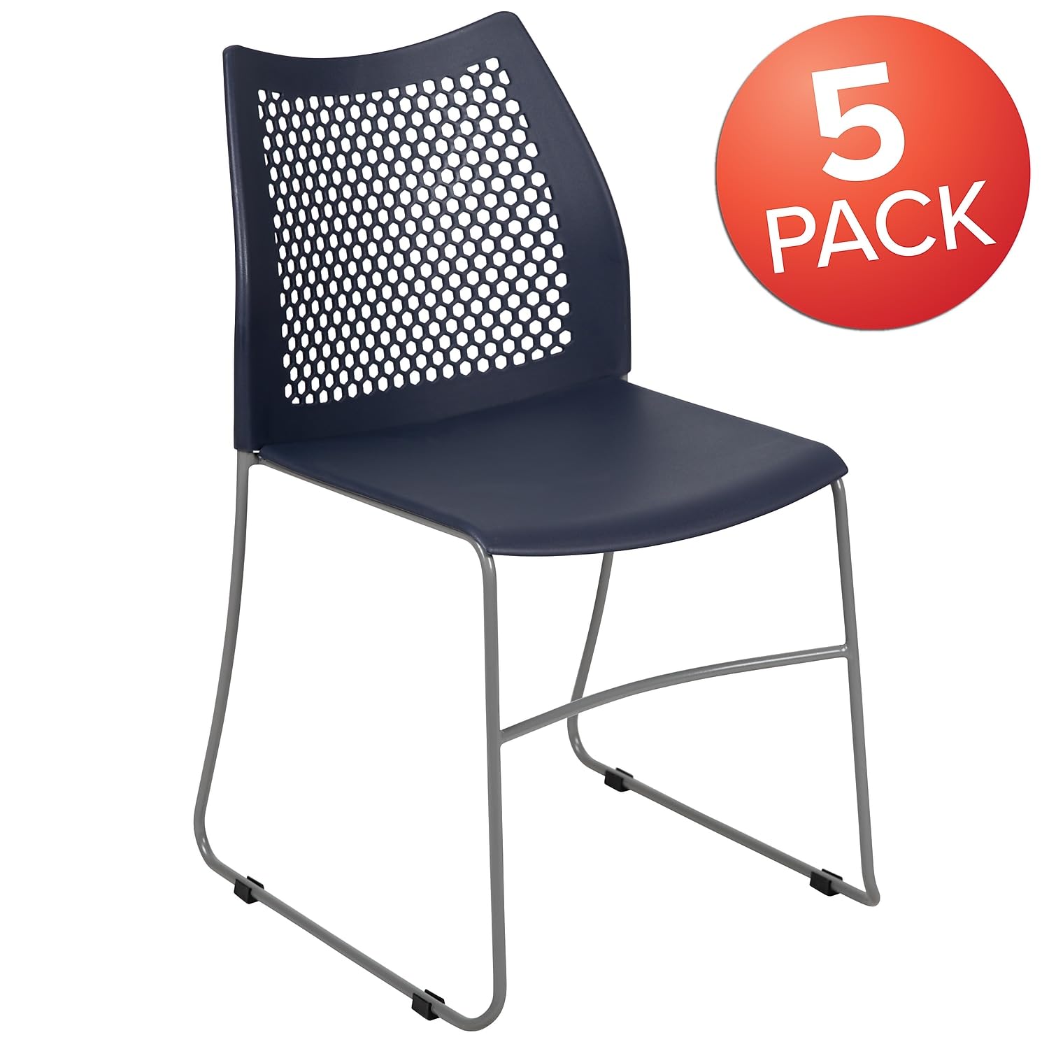 Set of 5 Navy, Orange, Hercules Series Contoured Lobby Chairs with Air-Vent Honeycomb Backs, Ergonomic Stacking Chairs for Offices