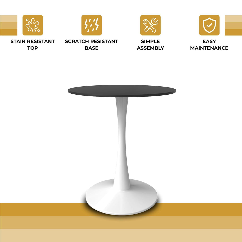 27" Wide Round Dining Table, Modern MDF Wood Top & White Metal Pedestal Base Gloss Finish Accent Table Mid-Century Café Table, Kitchen Dining Room Furniture, Black