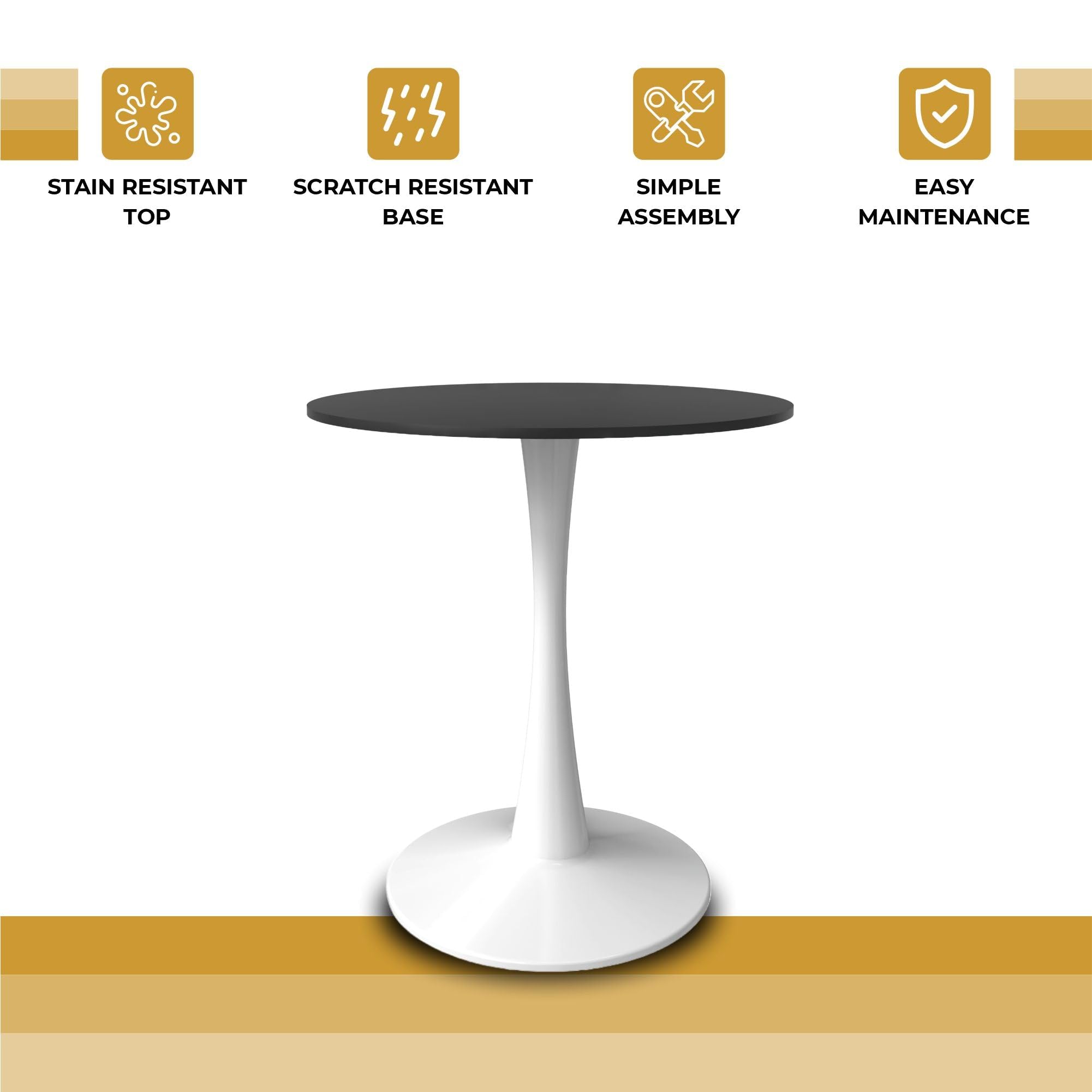 27" Wide Round Dining Table, Modern MDF Wood Top & White Metal Pedestal Base Gloss Finish Accent Table Mid-Century Café Table, Kitchen Dining Room Furniture, Black