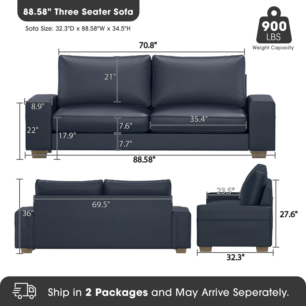 Faux Leather Couch, Mid Century Modern Comfy Loveseat Sofa with Wide Arm, Side Pockets, Solid Wooden Frame for Office, Living Room and Bedroom, 3 Seater (Blue, 88.58 inches)