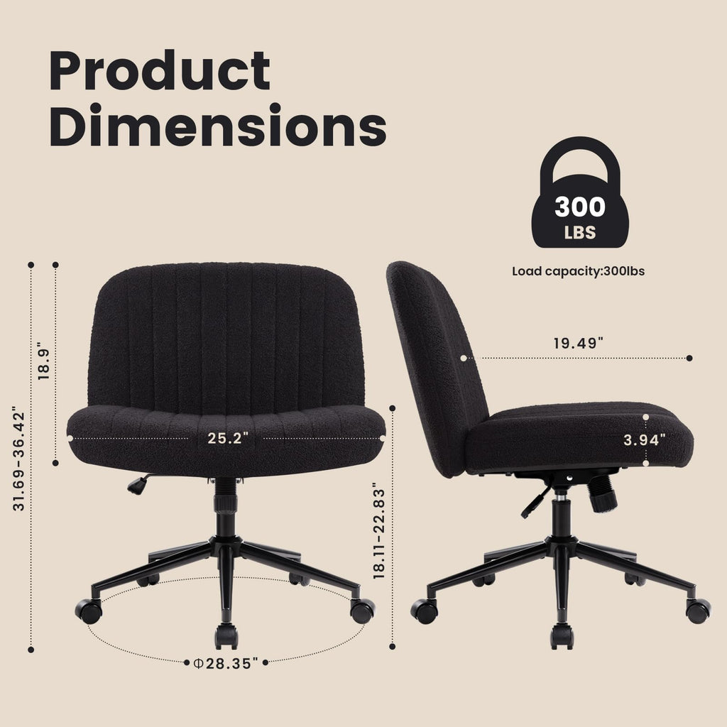 Criss Cross Chair Cross Legged Office Chair with Wheels Armless Wide Seat Desk Chairs Height Adjustable Computer Task Chairs Swivel Vanity Chair for Home Office Bedroom Make Up Teddy Fabric Black